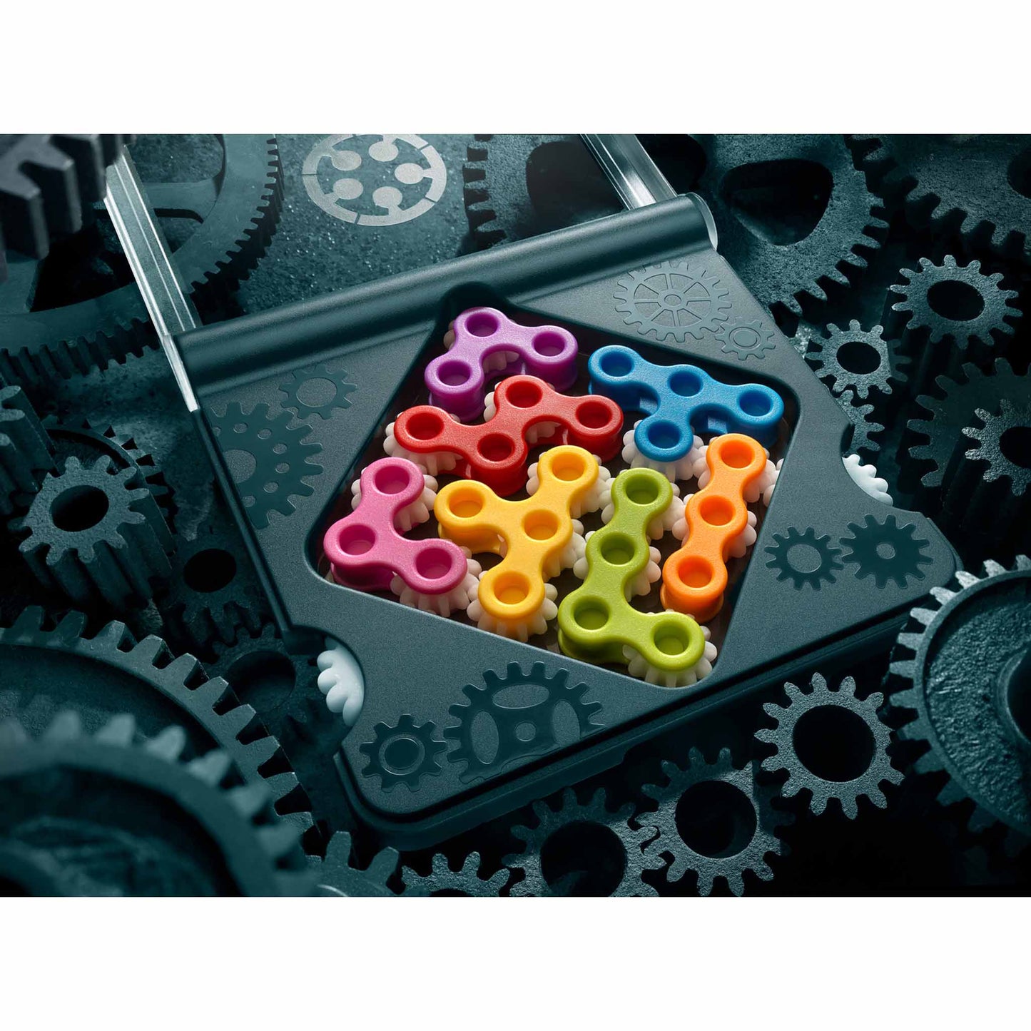 Photo of parts of IQ Gears mind puzzle by Smart Games.