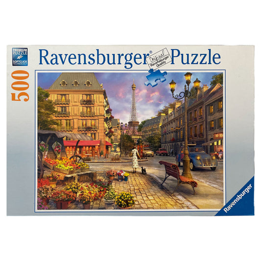 Photo of box of Ravensburger An Evening Walk 500 piece puzzle.