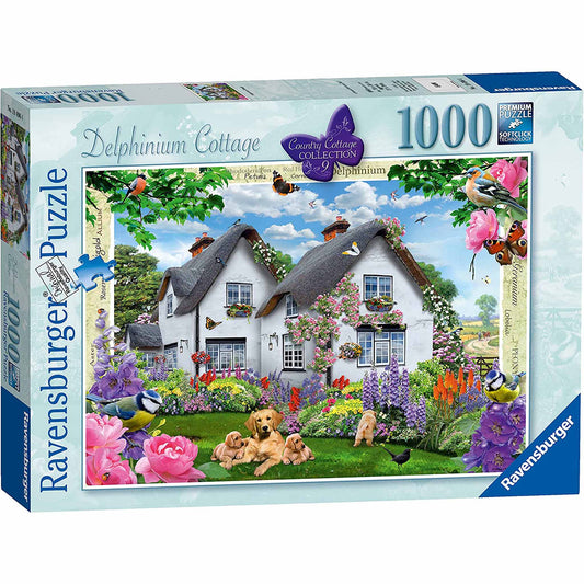 Photo of box of Delphinium Cottage Ravensburger puzzle.